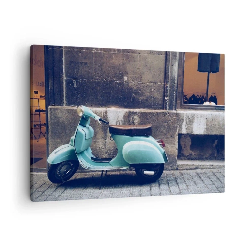 Obraz na plátně - Retro skútr zaparkovaný u kamenné zdi - 70x50cm - Nezapomenutelná nálada - Moderní nástěnná dekorace do obývacího pokoje a ložnice ARTTOR