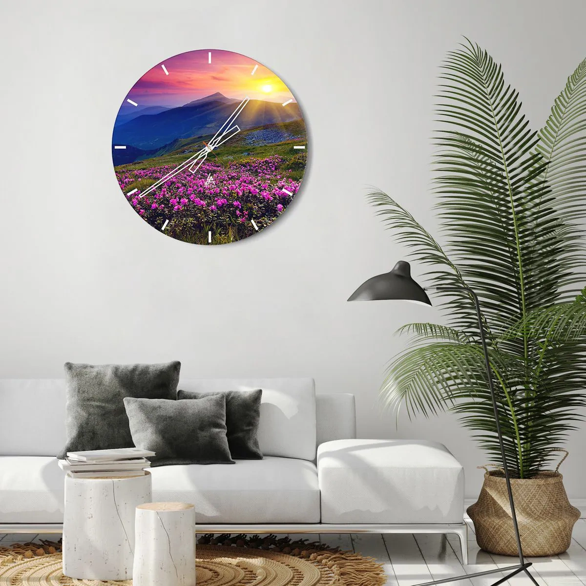Nástěnné hodiny - Horská krajina při západu slunce s rozkvetlými květinami - 30x30cm - …A kolem voní kosodřevina a voní byliny - Moderní nástěnná dekorace do obývacího pokoje, kuchyně a ložnice ARTTOR