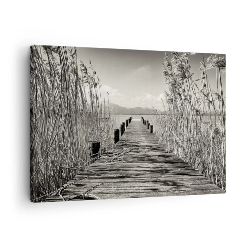 Obraz na plátně - Dřevěné molo mezi vysokými trávami nad jezerem v sépiovém odstínu - 70x50cm - V ústraní travin - Moderní nástěnná dekorace do obývacího pokoje a ložnice ARTTOR