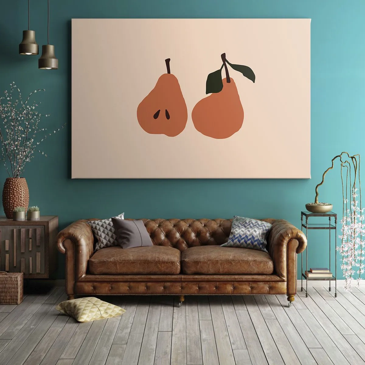 Obraz na plátně - Minimalistická ilustrace dvou hrušek na béžovém pozadí. - 70x50cm - Čirá sladkost - Moderní nástěnná dekorace do obývacího pokoje a ložnice ARTTOR