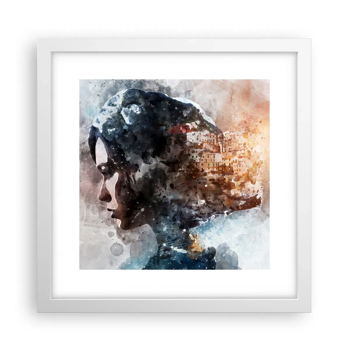 Plakát v bílém rámu - Příběh o dívce s městem v pozadí - 30x30 cm