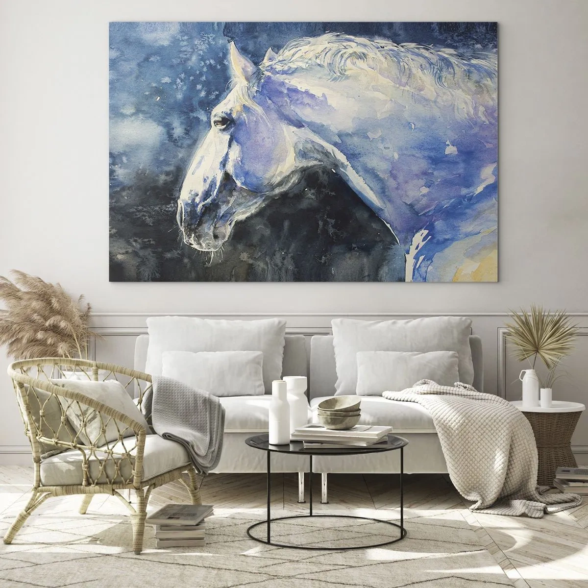 Obraz na skle - Akvarelový portrét koně v odstínech modré - 70x50cm - Portrét v modré záři - Moderní nástěnná dekorace do obývacího pokoje a ložnice ARTTOR