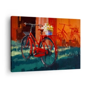 Obraz na plátně - Červené kolo s květinami na oranžové zdi - 70x50cm - I want to ride my bicycle - Moderní nástěnná dekorace do obývacího pokoje a ložnice ARTTOR