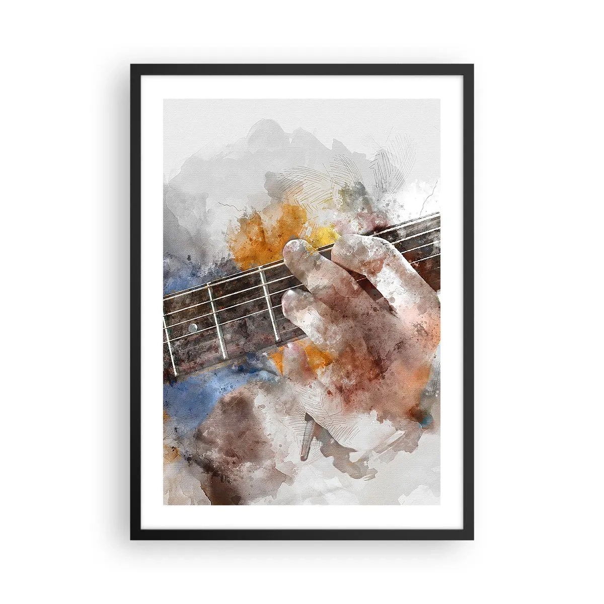 Plakát v černém rámu - Umělecká ruka hrající na kytaru ve stylu akvarelu - 50x70cm - Poezie mezi strunami - Moderní nástěnná dekorace do obývacího pokoje a ložnice ARTTOR