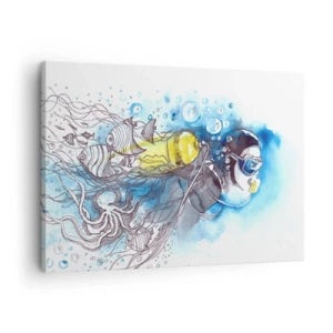 Obraz na plátně - Podvodní scéna s potápěčem a exotickými rybami - 70x50cm - Velká modř - Moderní nástěnná dekorace do obývacího pokoje a ložnice ARTTOR