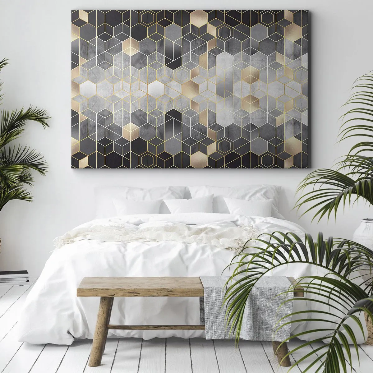 Obraz na plátně - Geometrický vzor ve zlatých odstínech - 70x50cm - Diamantová kompozice - Moderní nástěnná dekorace do obývacího pokoje a ložnice ARTTOR