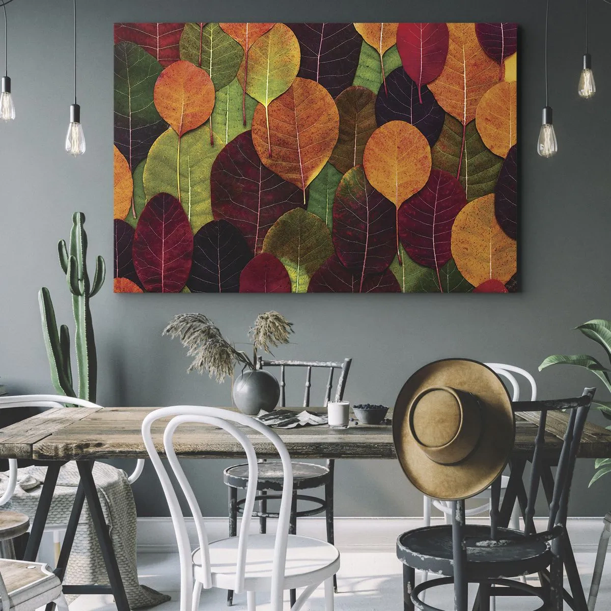 Obraz na plátně - Barevné listí uspořádané v podzimním vzoru - 70x50cm - Podzimní mozaika - Moderní nástěnná dekorace do obývacího pokoje a ložnice ARTTOR