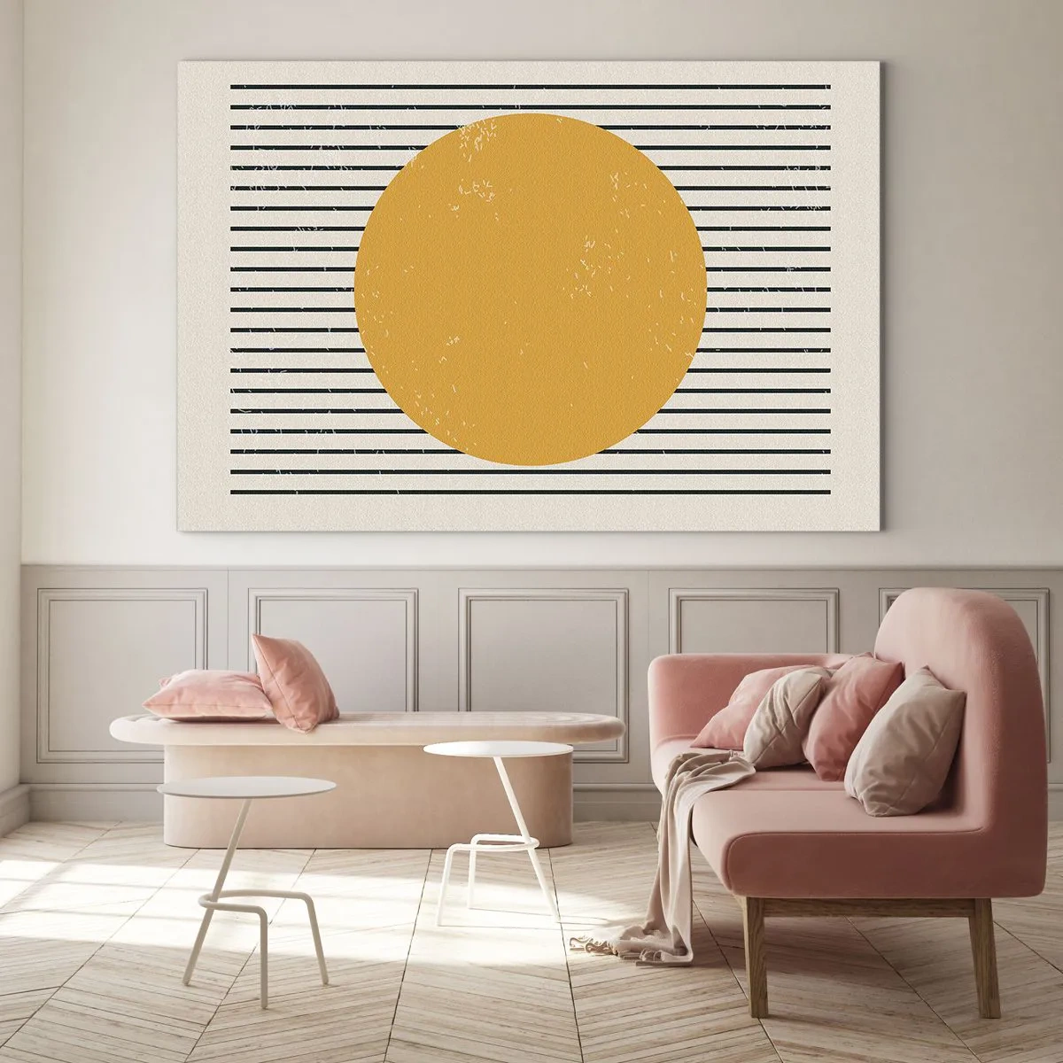 Obraz na skle - Oranžový kruh na pozadí vodorovných černých čar na béžovém pozadí. - 70x50cm - Síla jednoduchosti - Moderní nástěnná dekorace do obývacího pokoje a ložnice ARTTOR