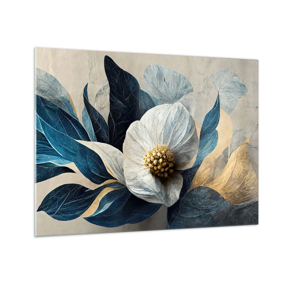 Obraz na skle - Bílá květinová výzdoba s tmavě modrými listy a zlatým středem - 70x50cm - Zlaté srdce - Moderní nástěnná dekorace do obývacího pokoje a ložnice ARTTOR