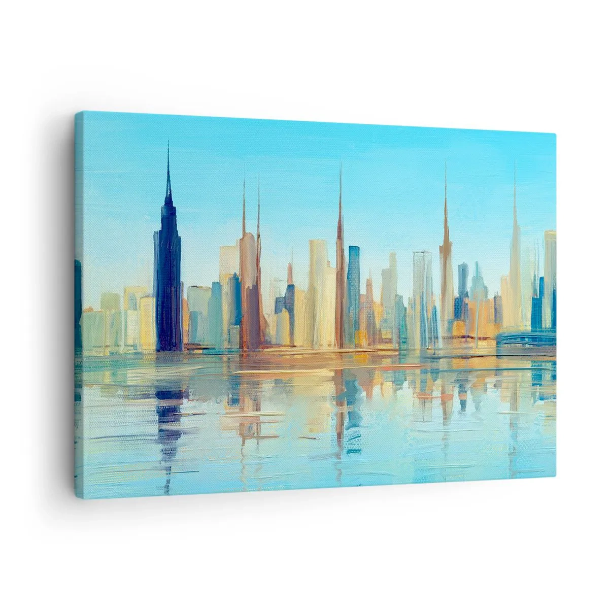 Obraz na plátně - Panorama města v teplých barvách s odrazem ve vodě - 70x50cm - Prosluněná metropole - Moderní nástěnná dekorace do obývacího pokoje a ložnice ARTTOR