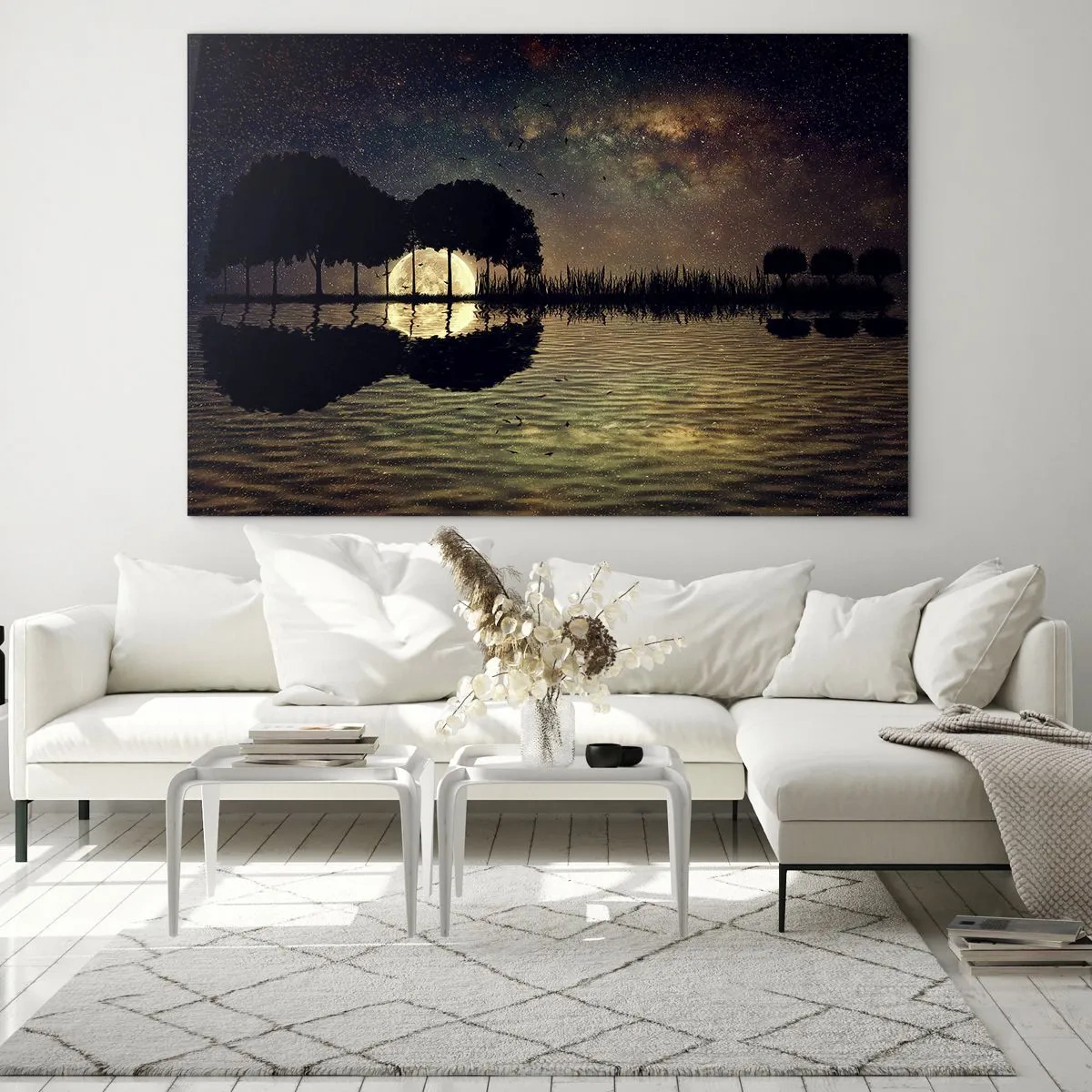 Obraz na skle - Noční scéna s úplňkem odrážejícím se ve vodě - 70x50cm - Noc na konci světa - Moderní nástěnná dekorace do obývacího pokoje a ložnice ARTTOR