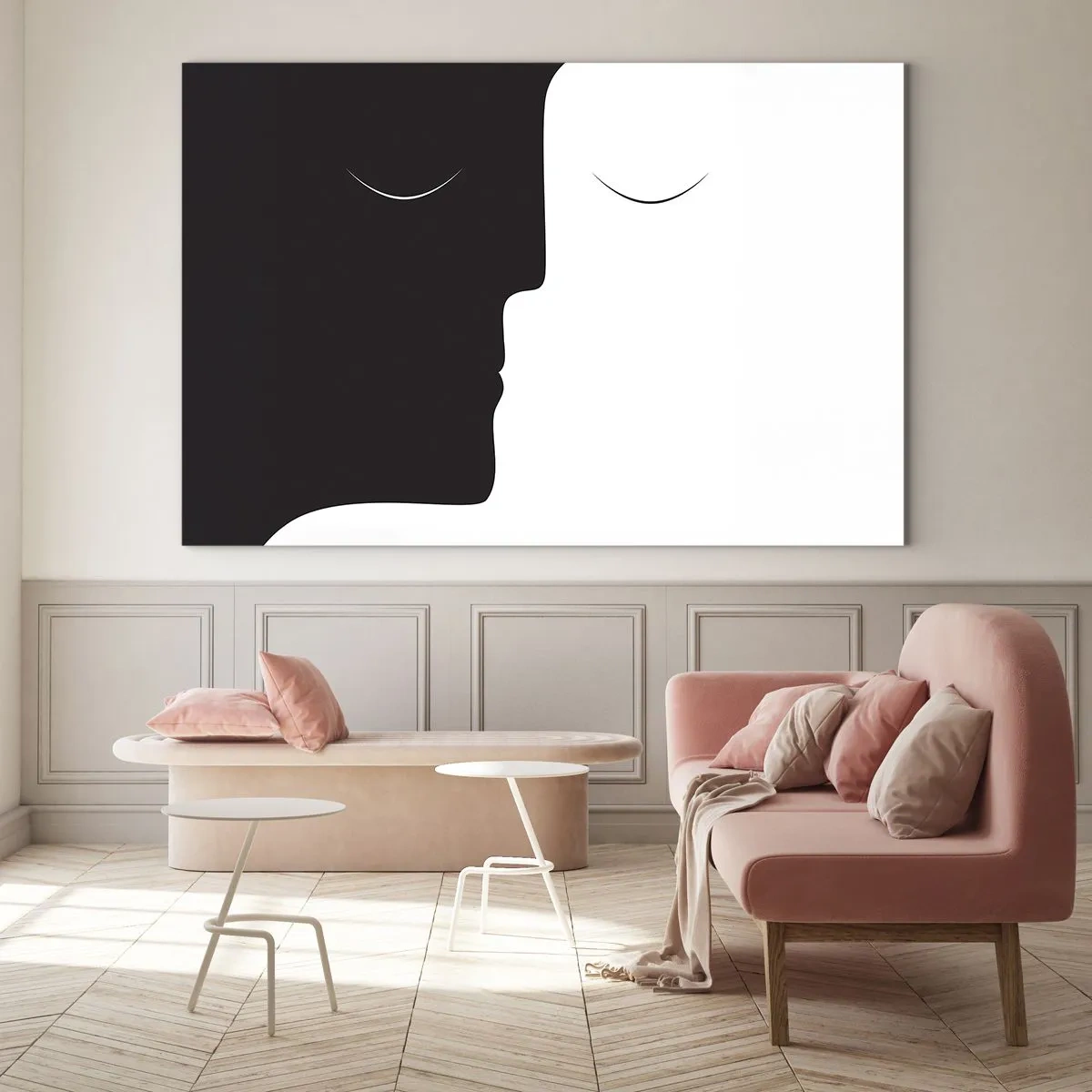 Obraz na skle - Minimalistické černobílé tváře tvořící jednotu - 70x50cm - Jednota protikladů - Moderní nástěnná dekorace do obývacího pokoje a ložnice ARTTOR