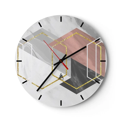 Nástěnné hodiny - Geometrické tvary s barevnými bloky a zlatými linkami - 30x30cm - Řetězová kompozice - Moderní nástěnná dekorace do obývacího pokoje, kuchyně a ložnice ARTTOR