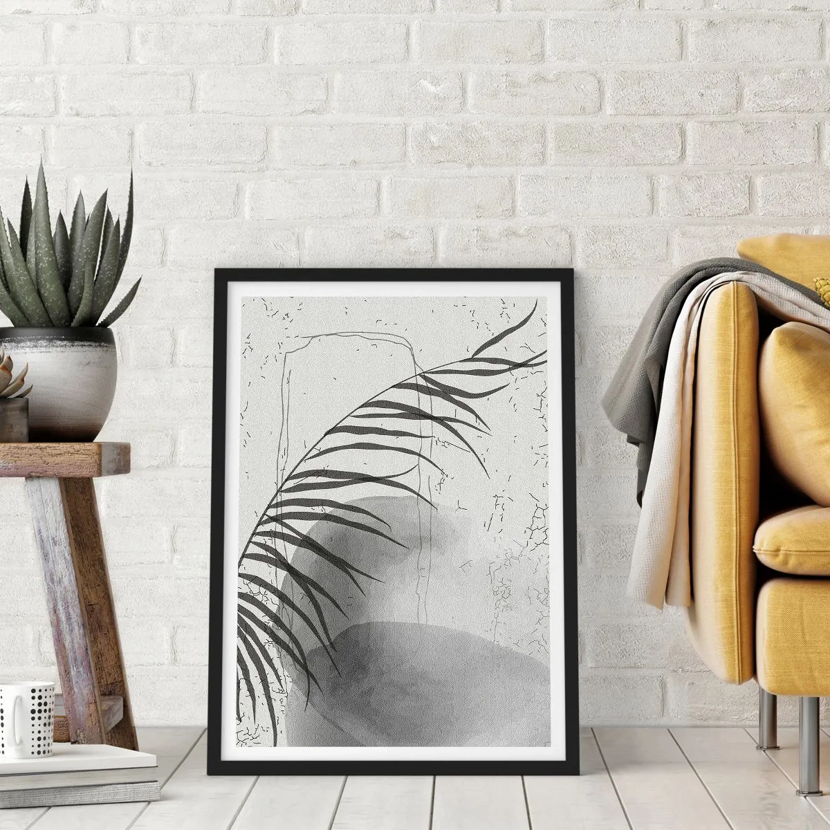 Plakát v černém rámu - Minimalistická botanická kompozice v odstínech šedé - 50x70cm - Subtilní exotika přírody - Moderní nástěnná dekorace do obývacího pokoje a ložnice ARTTOR