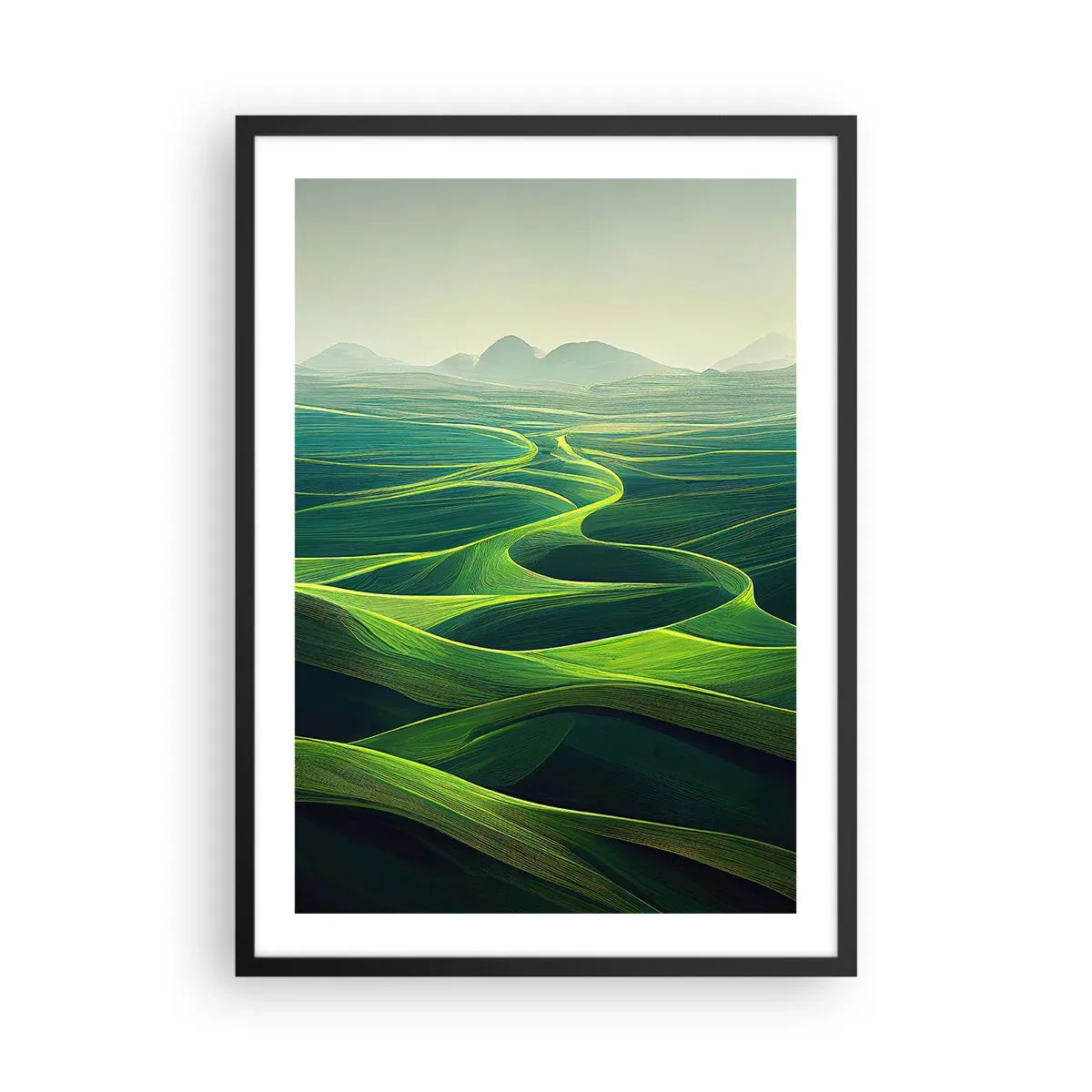 Plakát v černém rámu - Zelená zvlněná pole s výhledem na hory - 50x70cm - V zelených údolích - Moderní nástěnná dekorace do obývacího pokoje a ložnice ARTTOR