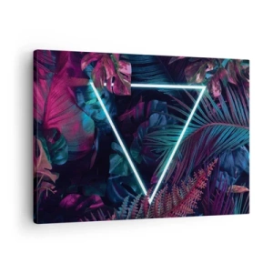 Obraz na plátně - Neonový trojúhelník obklopený tropickými listy v tmavých barvách. - 70x50cm - Zahrada v disco stylu - Moderní nástěnná dekorace do obývacího pokoje a ložnice ARTTOR