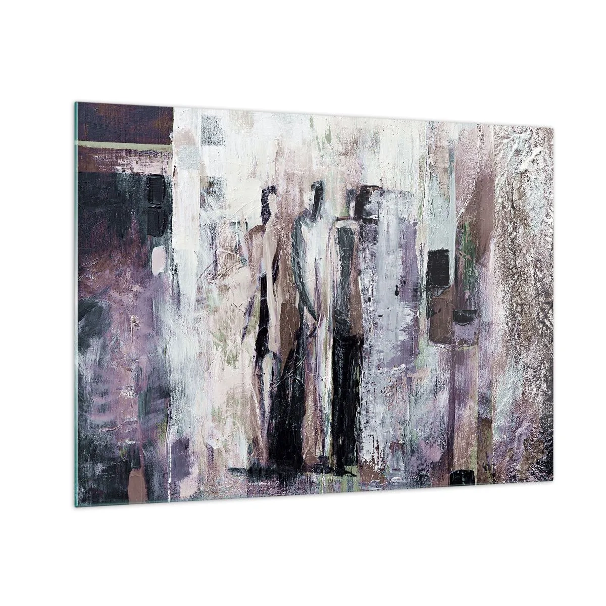 Obraz na skle - Abstraktní siluety postav na texturovaném pozadí s barvou - 70x50cm - Tajemná trojice - Moderní nástěnná dekorace do obývacího pokoje a ložnice ARTTOR