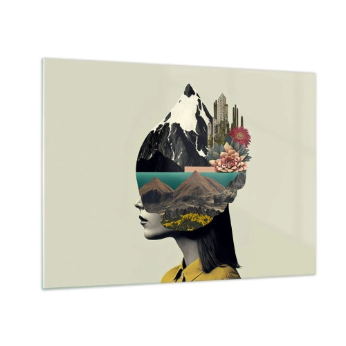 Obraz na skle - Silueta ženy s horskou krajinou a flórou v hlavě - 70x50cm - Žena – vždy tajemství - Moderní nástěnná dekorace do obývacího pokoje a ložnice ARTTOR