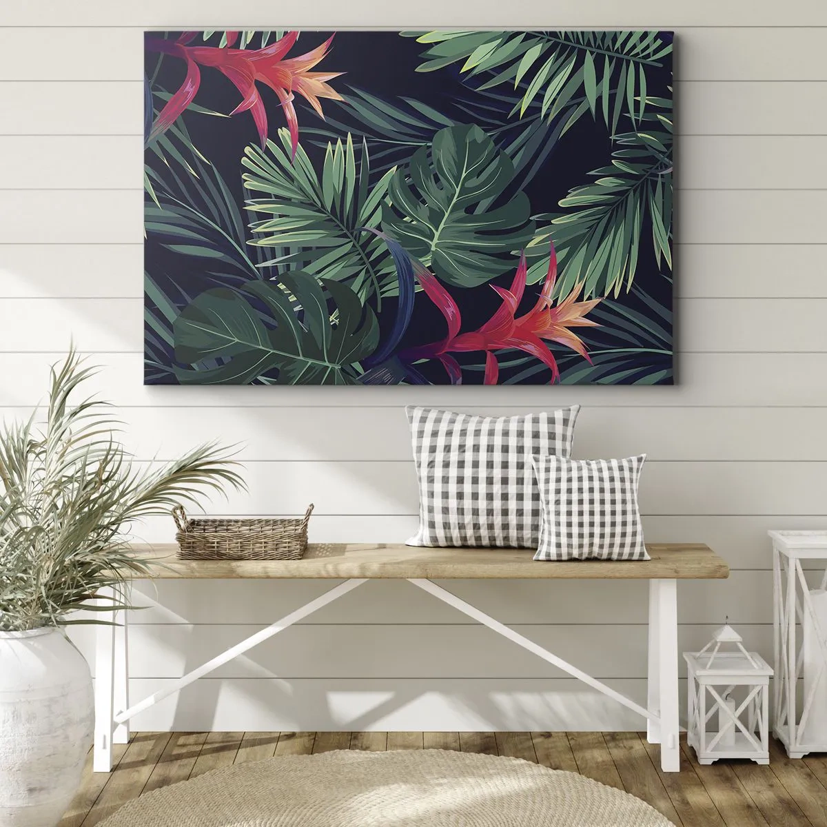 Obraz na plátně - Tropické listy a květiny na tmavém pozadí - 70x50cm - Vzplanout v zeleném - Moderní nástěnná dekorace do obývacího pokoje a ložnice ARTTOR