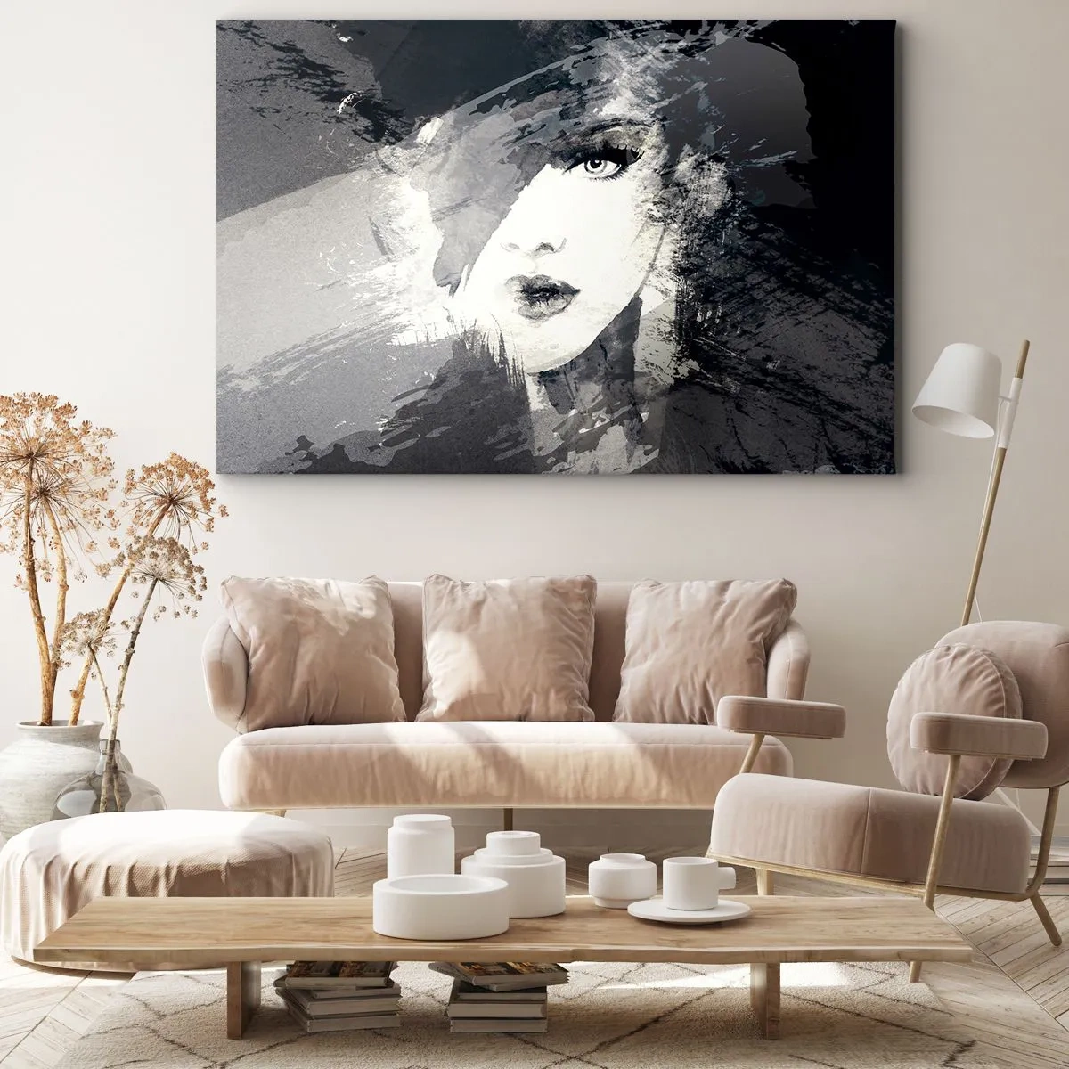 Obraz na plátně - Abstraktní portrét ženy v odstínech šedé s jemnými akcenty. - 70x50cm - Za šedým závojem - Moderní nástěnná dekorace do obývacího pokoje a ložnice ARTTOR