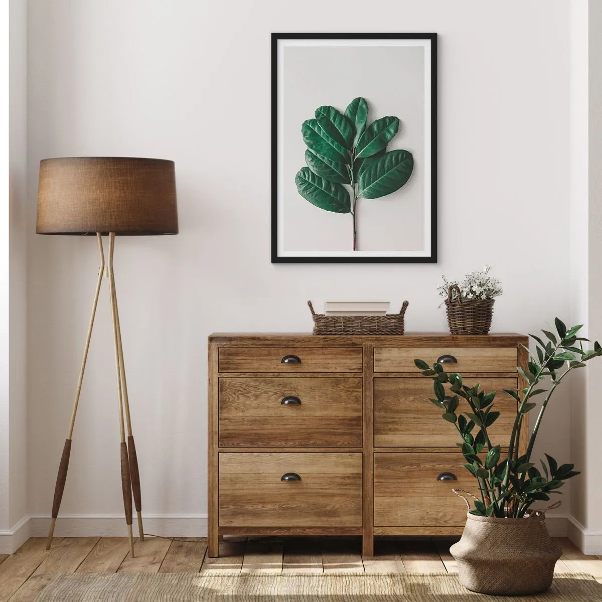 Plakát v černém rámu - Větev s tmavě zelenými listy na světlém pozadí - 50x70cm - Kresba samotné přírody - Moderní nástěnná dekorace do obývacího pokoje a ložnice ARTTOR
