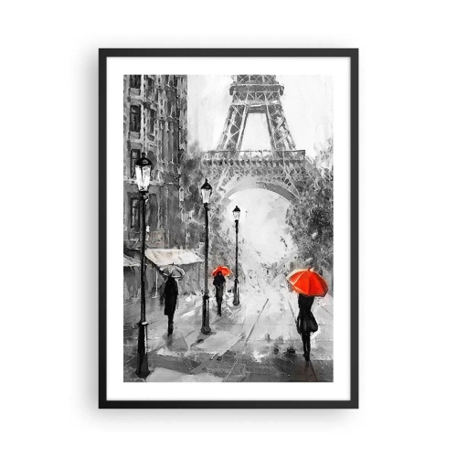 Plakát v černém rámu - Černá a bílá Eiffelova věž s červenými deštníky v dešti - 50x70cm - Všechny cesty vedou k ní - Moderní nástěnná dekorace do obývacího pokoje a ložnice ARTTOR