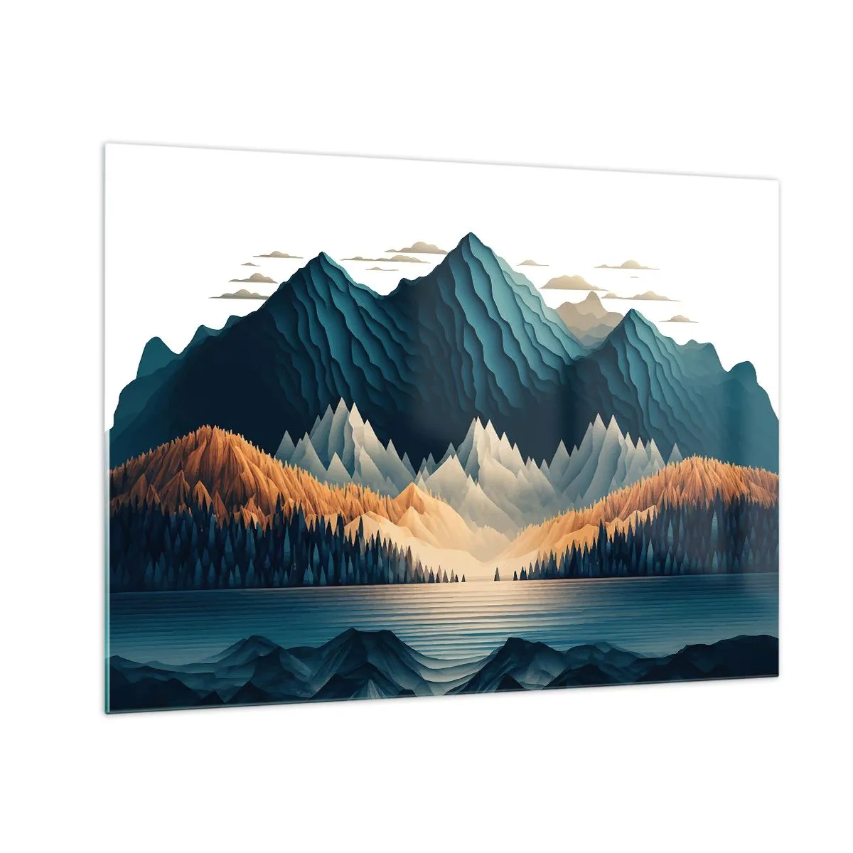 Obraz na skle - Stylizovaná horská krajina s lesem a jezerem - 70x50cm - Dokonalá horská krajina - Moderní nástěnná dekorace do obývacího pokoje a ložnice ARTTOR