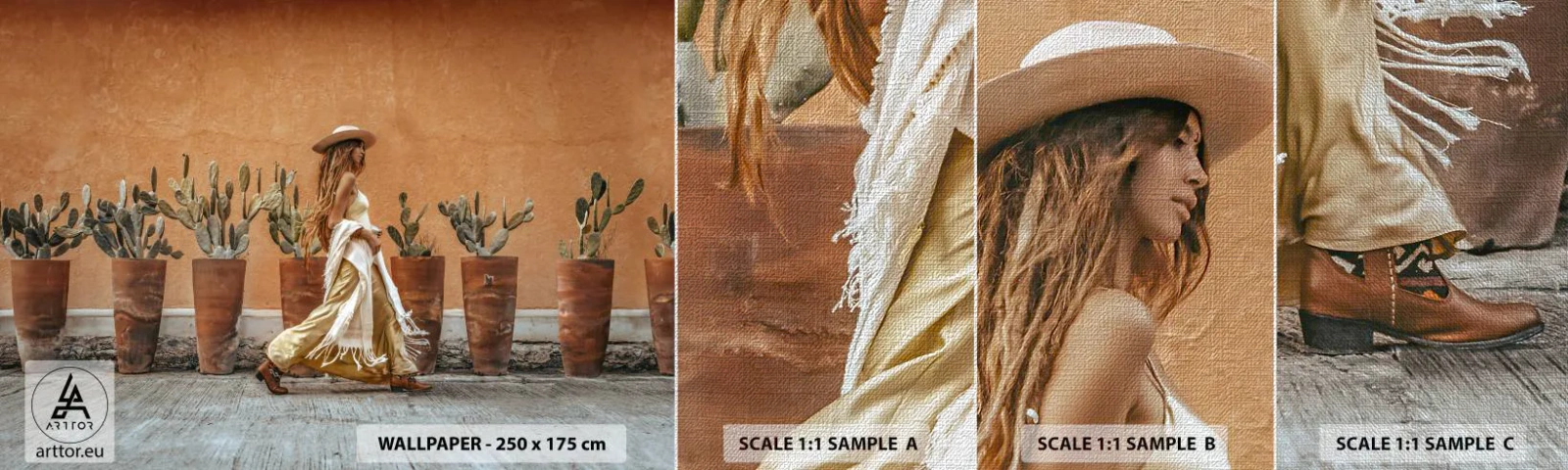 Vzor Fototapety Premium Canvas - V hippie stylu - Boho, Žena, Kaktusy - 100x30 cm