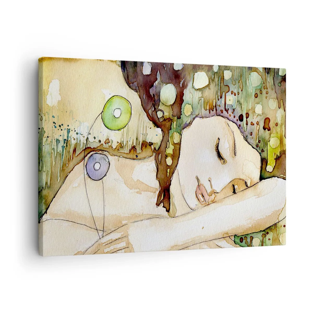 Obraz na plátně - Žena snící obklopená abstraktními tvary a barvami. - 70x50cm - Smaragdově-fialový sen - Moderní nástěnná dekorace do obývacího pokoje a ložnice ARTTOR