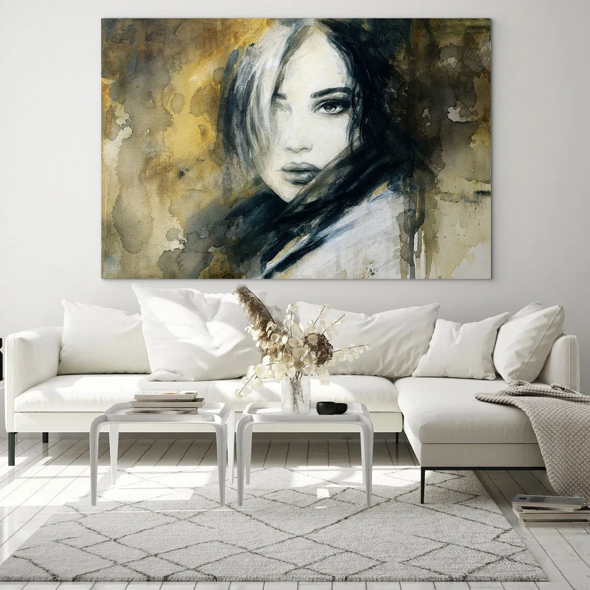 Obraz na skle - Portrét ženy ve stylu akvarelu - 70x50cm - více nevinná nebo smyslná? - Moderní nástěnná dekorace do obývacího pokoje a ložnice ARTTOR