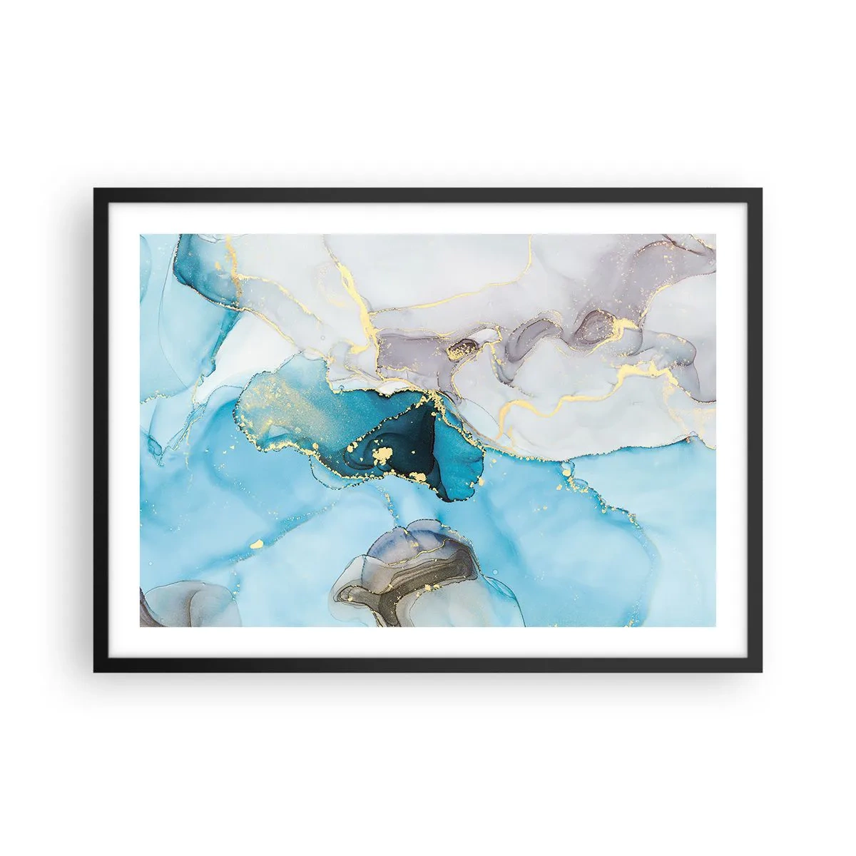 Plakát v černém rámu - Studie o setkání šedé a tyrkysové - 70x50 cm
