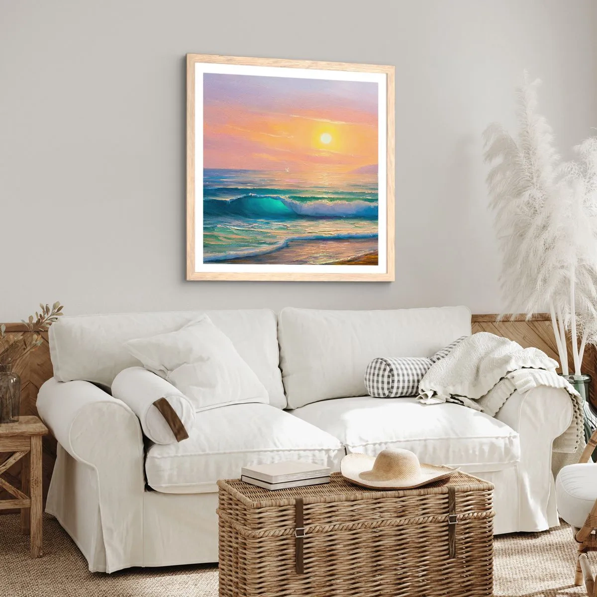 Plakát v rámu světlý dub - Tyrkysová píseň vln - 50x50 cm