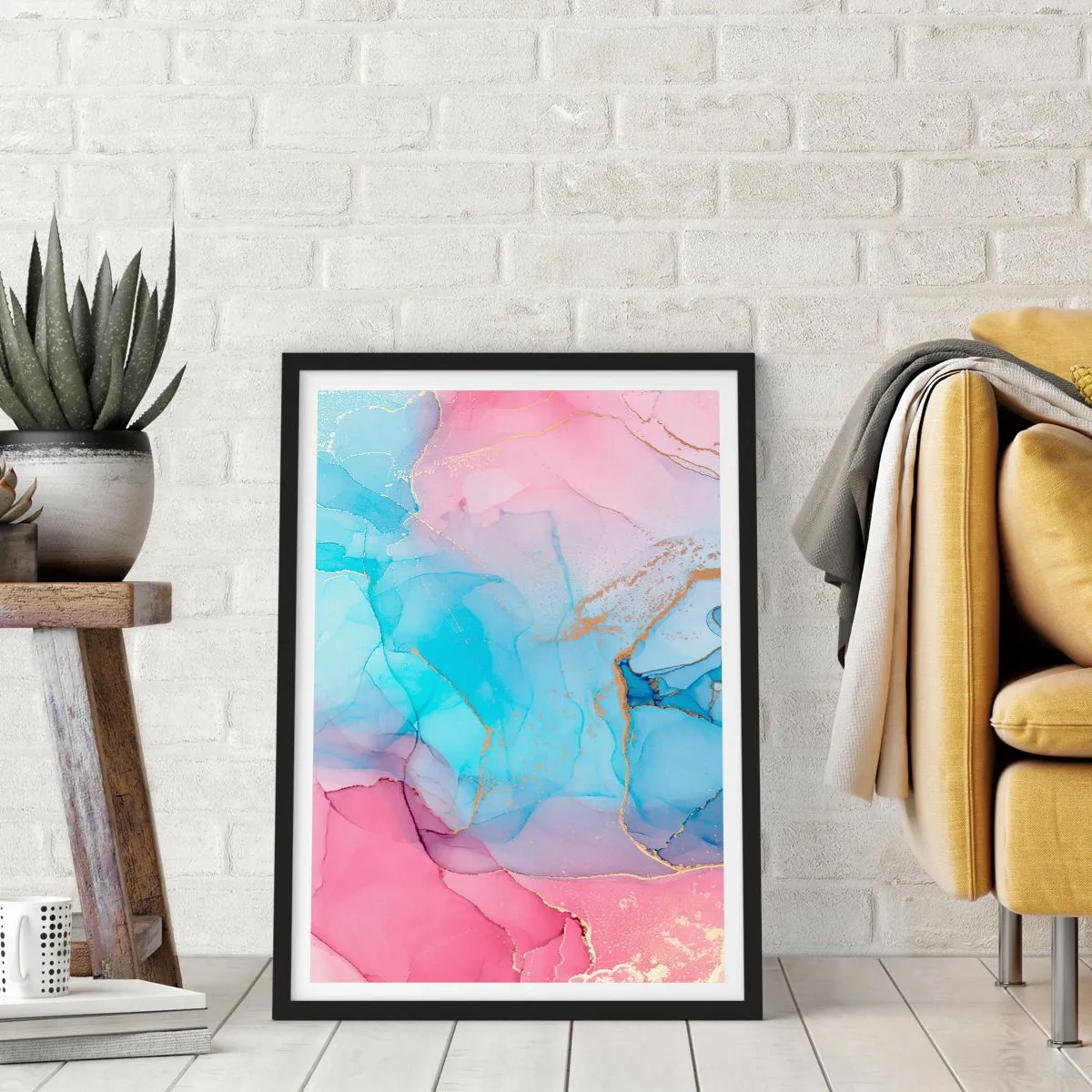 Plakát v černém rámu - Abstraktní skvrny v odstínech růžové, modré a zlaté - 50x70cm - Setkávání a prolínání - Moderní nástěnná dekorace do obývacího pokoje a ložnice ARTTOR
