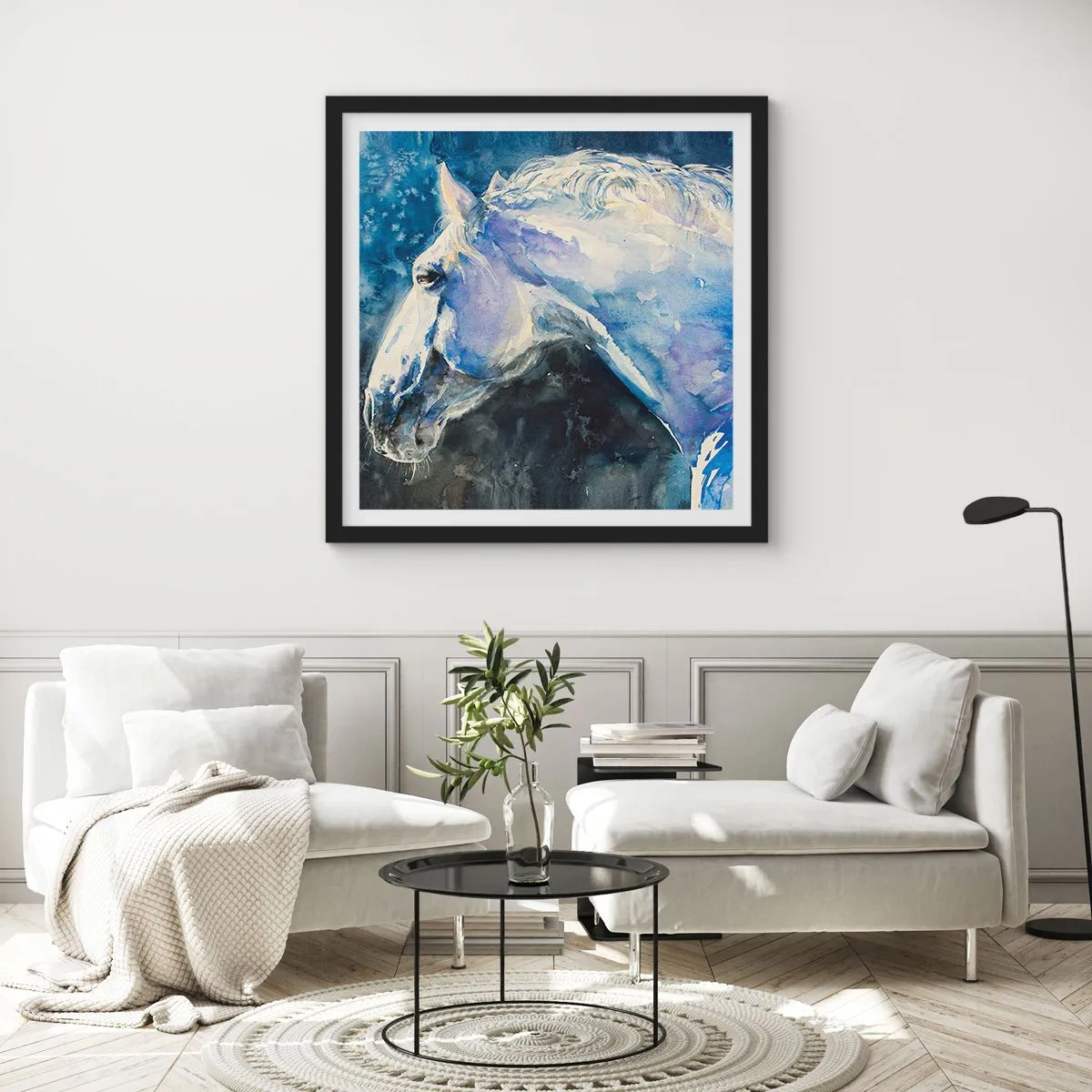Plakát v černém rámu - Portrét v modré záři - 60x60 cm