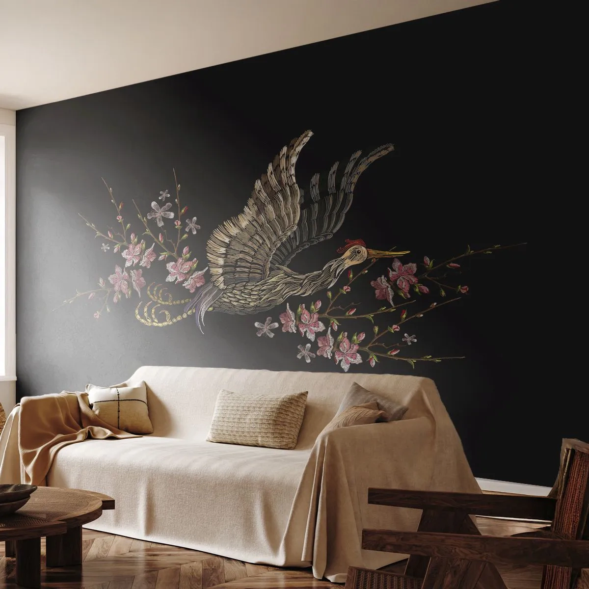 Fototapeta Premium Canvas - Exotický vyšívaný pták - Pták, Grafika, Květiny - 150x105 cm