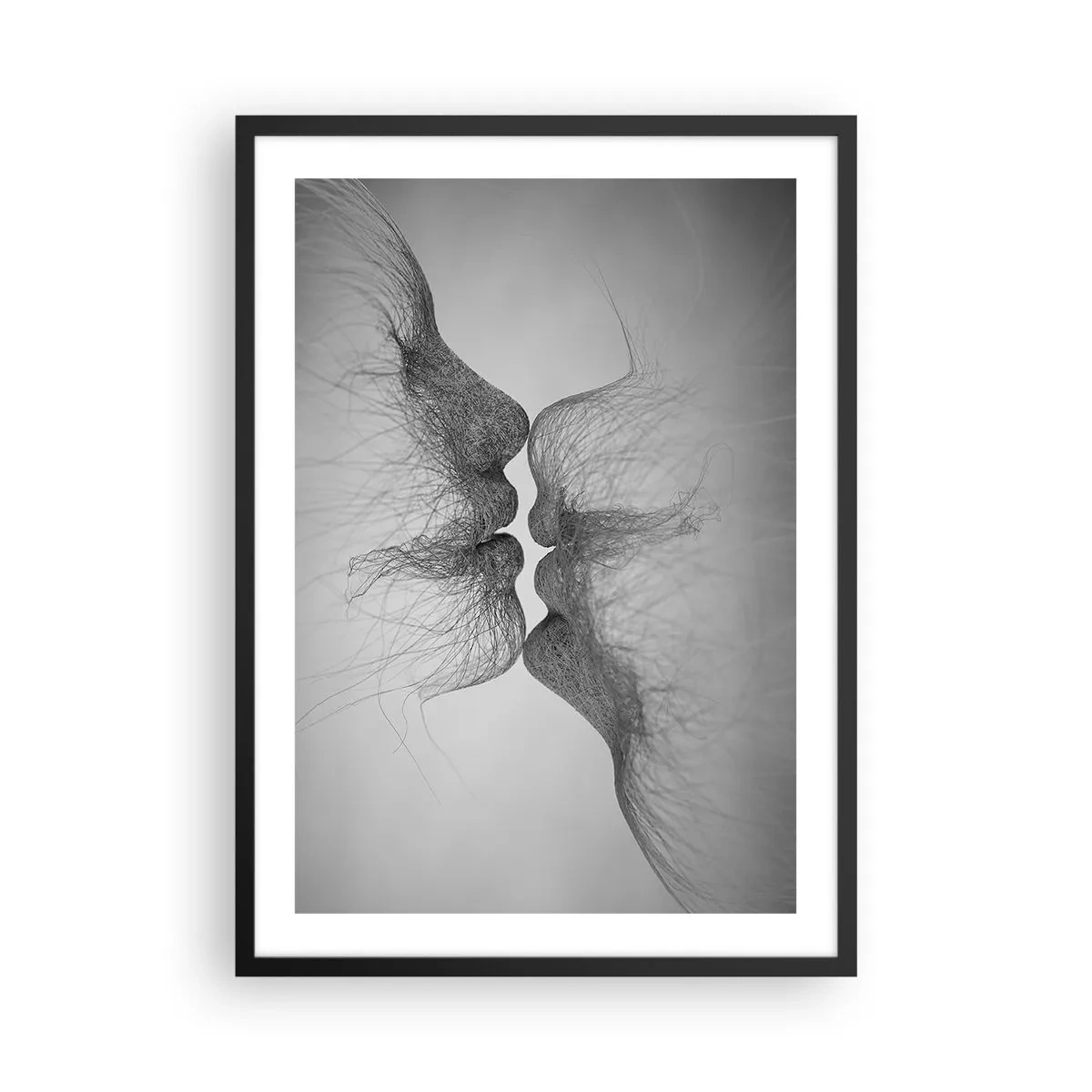 Plakát v černém rámu - Abstraktní tváře při líbání, černé a bílé - 50x70cm - Polibek větru - Moderní nástěnná dekorace do obývacího pokoje a ložnice ARTTOR