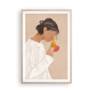 Plakát v rámu světlý dub - Dívka a květiny - 61x91 cm