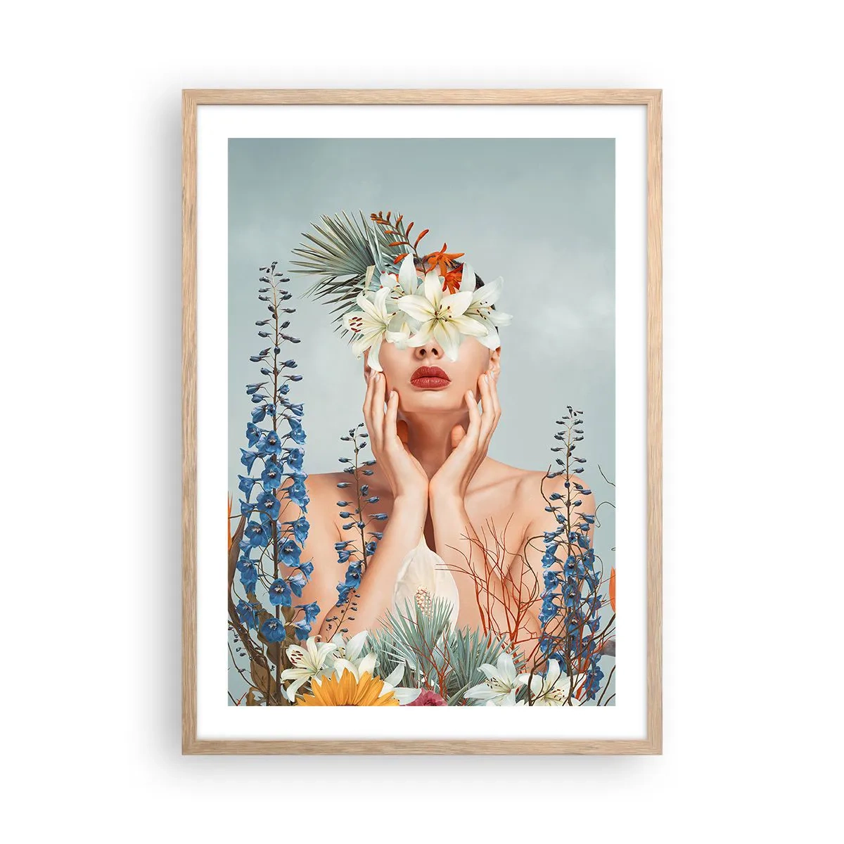 Plakát v rámu světlý dub - Žena – květina - 50x70 cm