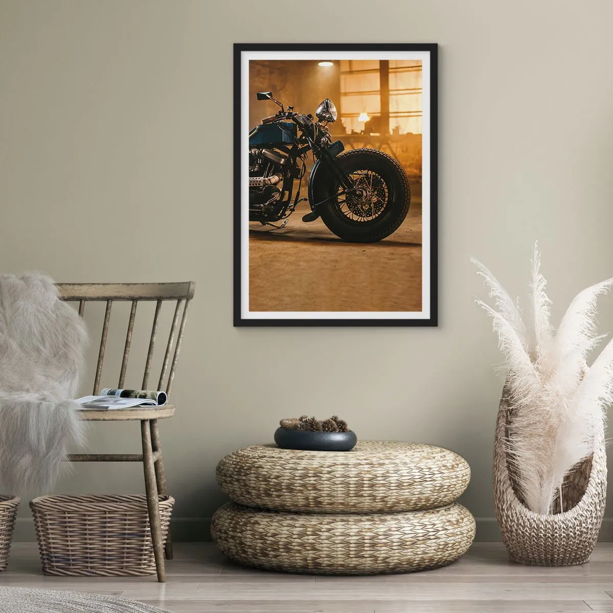Plakát v černém rámu - Motocykl ve stylové dílně - 50x70cm - Mohu všechno - Moderní nástěnná dekorace do obývacího pokoje a ložnice ARTTOR