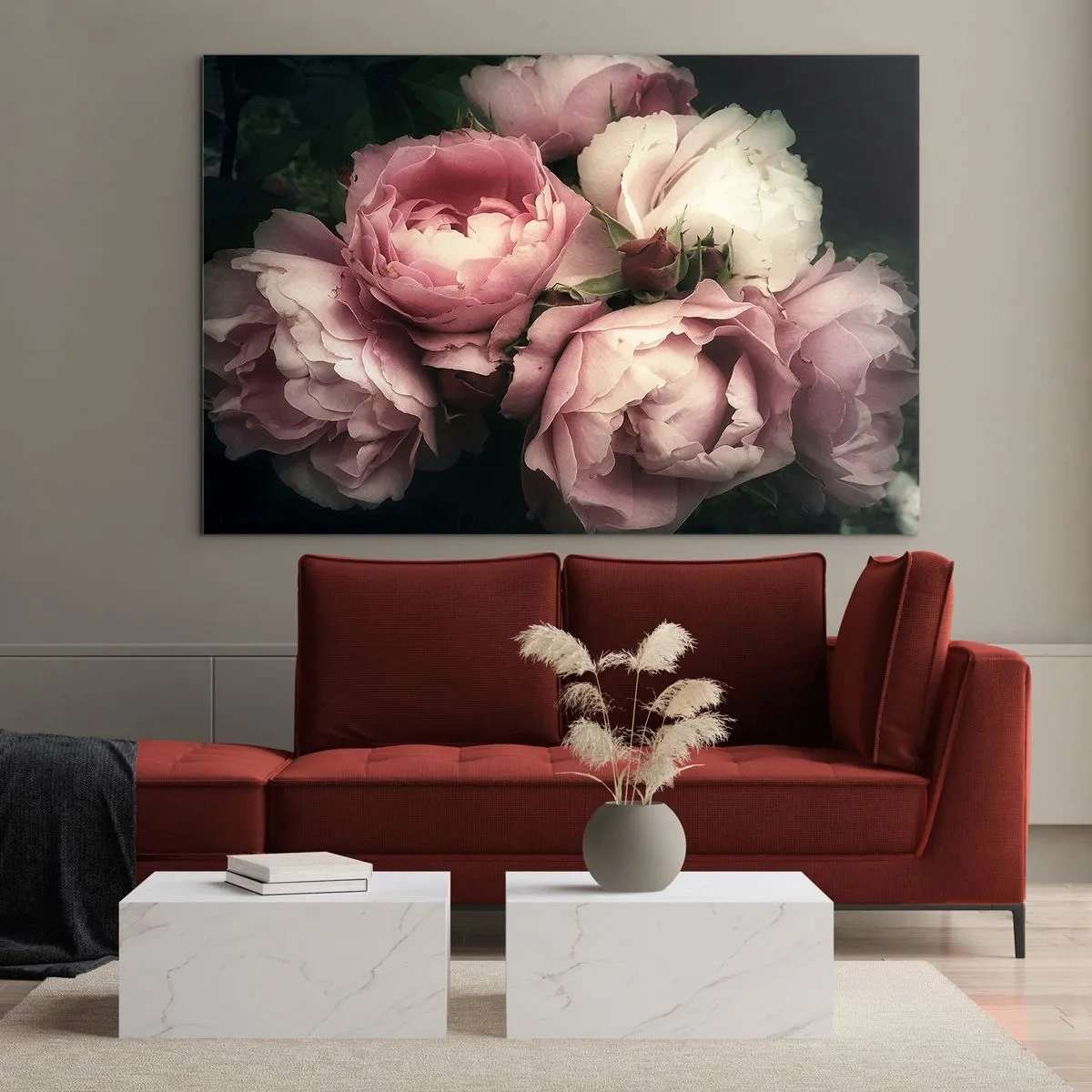 Obraz na skle - Kytice růžových růží v měkkém osvětlení s vintage nádechem - 70x50cm - Kouzlo belle epoque - Moderní nástěnná dekorace do obývacího pokoje a ložnice ARTTOR