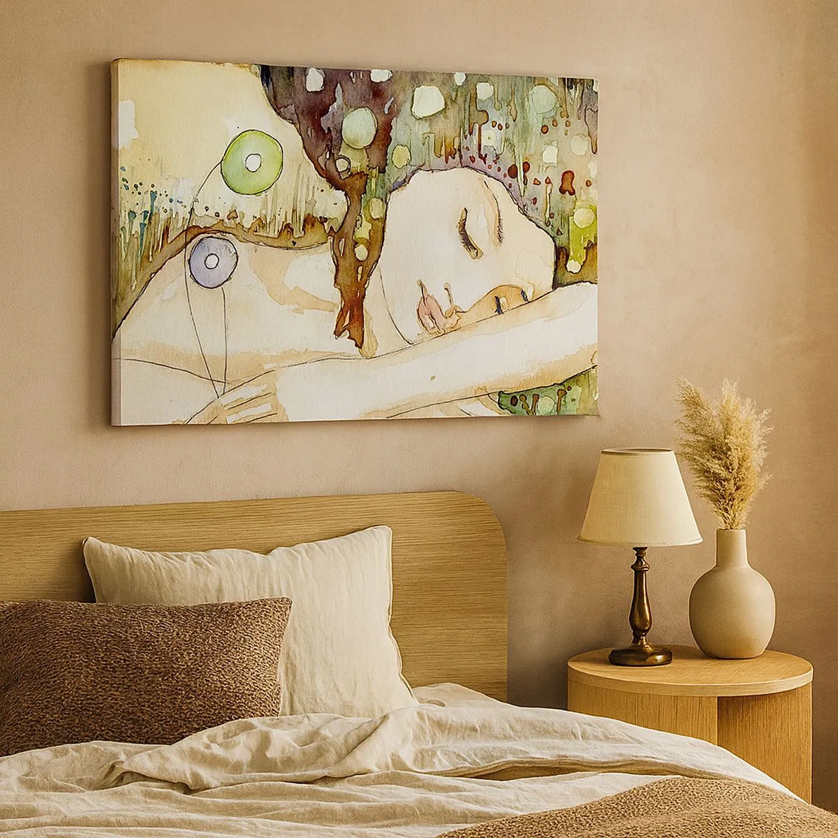 Obraz na plátně - Žena snící obklopená abstraktními tvary a barvami. - 70x50cm - Smaragdově-fialový sen - Moderní nástěnná dekorace do obývacího pokoje a ložnice ARTTOR