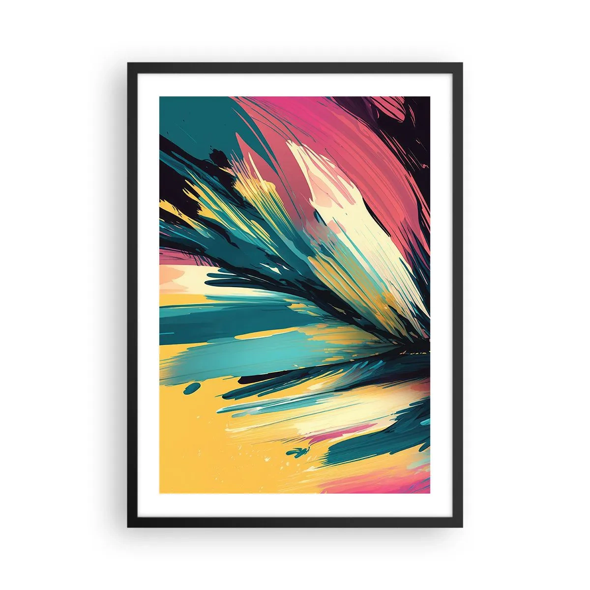 Plakát v černém rámu - Abstraktní exploze barev v dynamickém aranžmá - 50x70cm - Kompozice – exploze radosti - Moderní nástěnná dekorace do obývacího pokoje a ložnice ARTTOR
