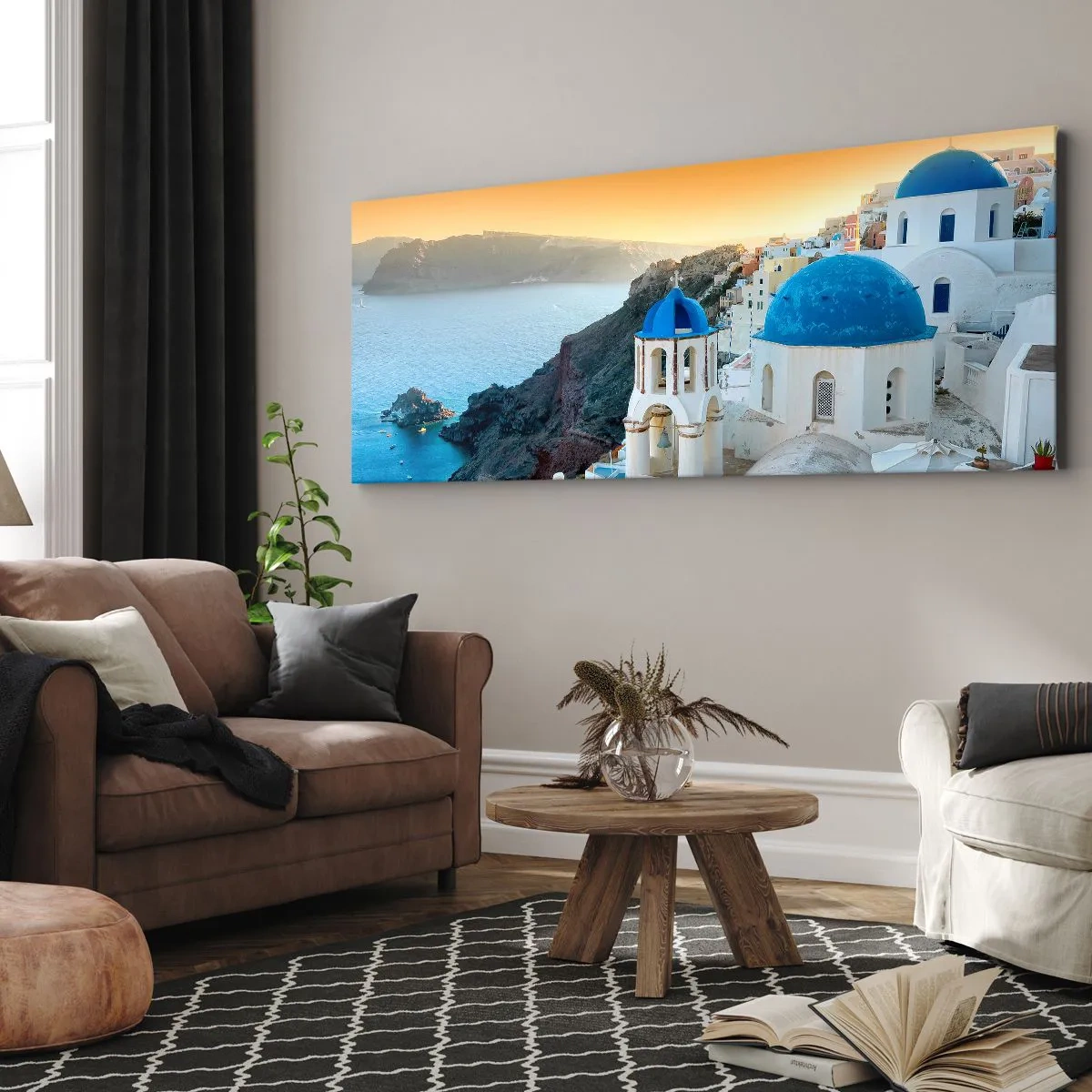 Obraz na plátně - Santorini - přitulené ke skalám - 100x40 cm