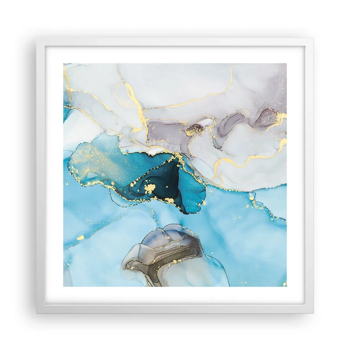 Plakát v bílém rámu - Studie o setkání šedé a tyrkysové - 50x50 cm