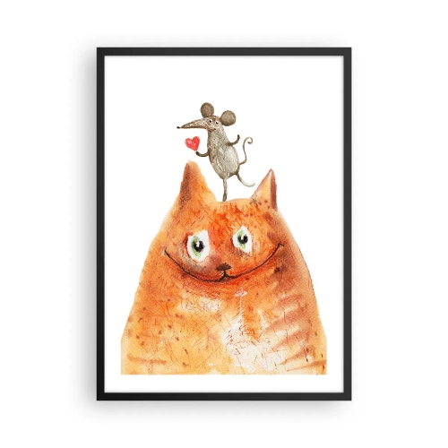 Plakát v černém rámu - Kočka s myší držící srdce na hlavě - 50x70cm - Paradoxy lásky - Moderní nástěnná dekorace do obývacího pokoje a ložnice ARTTOR