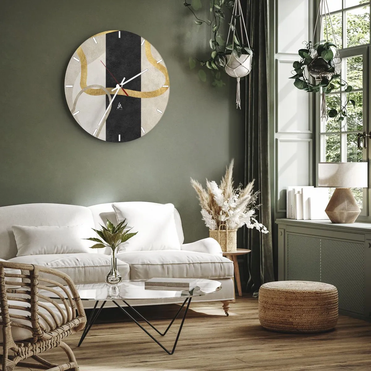 Nástěnné hodiny - Zlaté čáry proti černému pruhu a béžovým tvarům - 30x30cm - Tvary ve smyčce - Moderní nástěnná dekorace do obývacího pokoje, kuchyně a ložnice ARTTOR