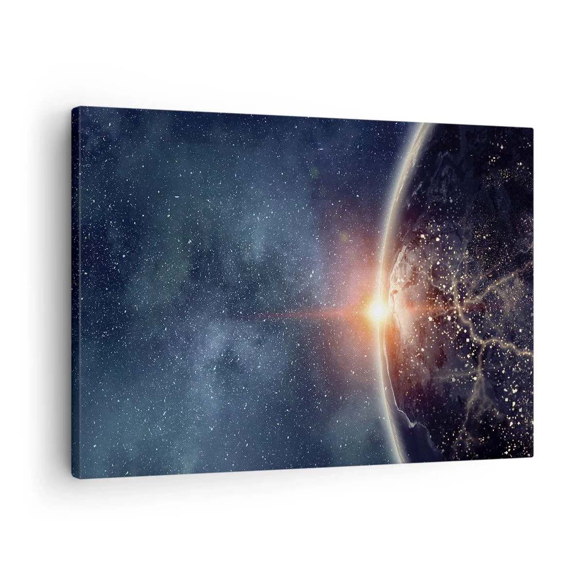 Obraz na plátně - Země z vesmíru s vycházejícím sluncem - 70x50cm - V nové perspektivě - Moderní nástěnná dekorace do obývacího pokoje a ložnice ARTTOR