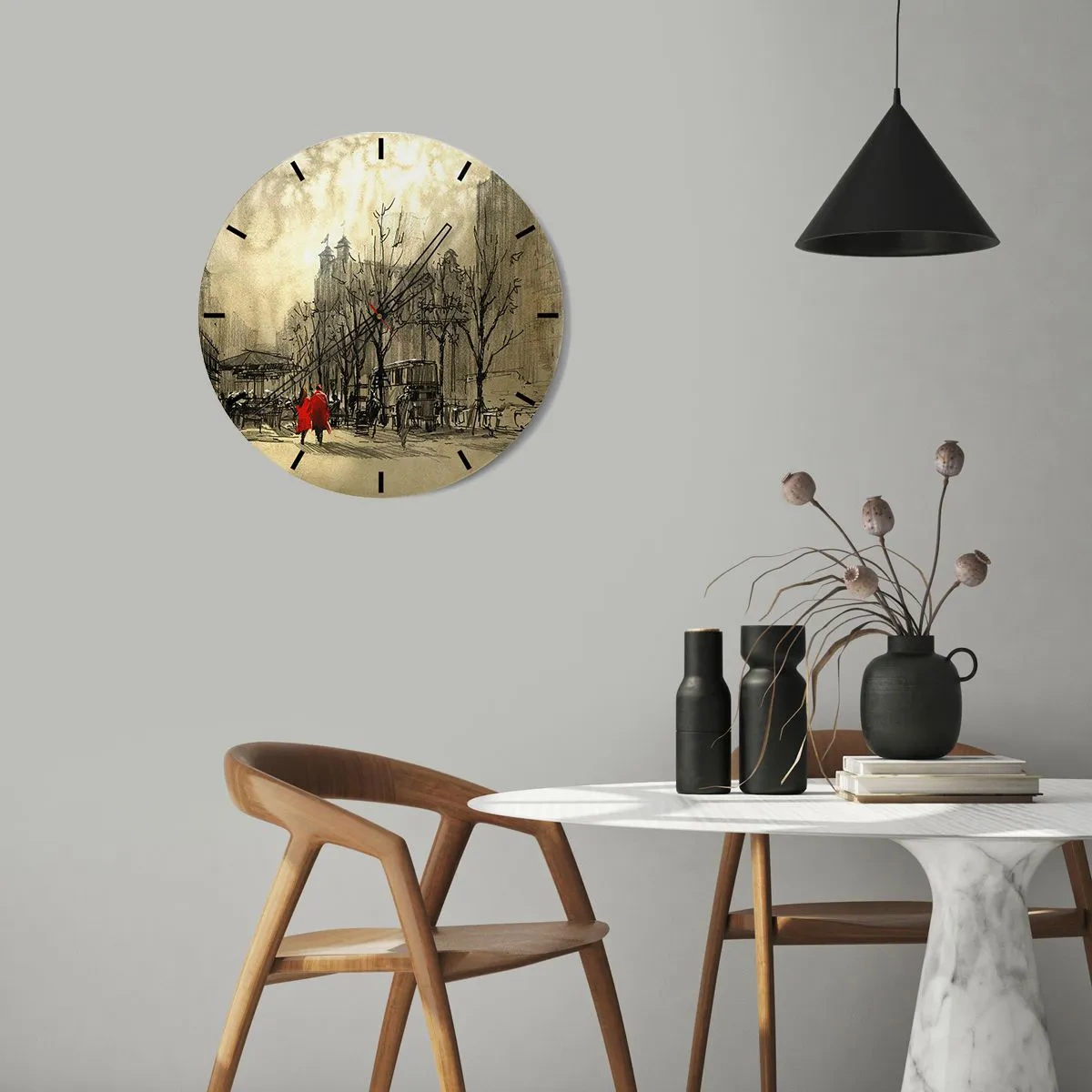 Nástěnné hodiny - Kreslený pouliční motiv se dvěma postavami - 30x30cm - Rande v londýnské mlze - Moderní nástěnná dekorace do obývacího pokoje, kuchyně a ložnice ARTTOR