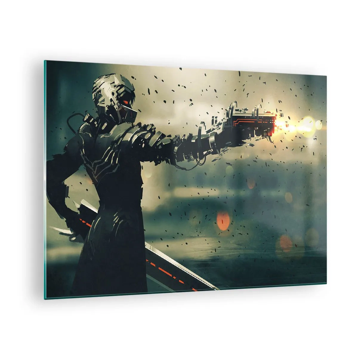 Obraz na skle - Kybernetický bojovník ve futuristickém stylu s energetickými zbraněmi - 70x50cm - Vražedná zbraň - tvůj vlastní terminátor - Moderní nástěnná dekorace do obývacího pokoje a ložnice ARTTOR