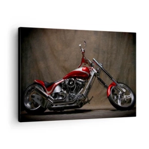 Obraz na plátně - Červený motocykl na zakázku na hnědém látkovém pozadí - 70x50cm - Červeno-stříbrná krása - Moderní nástěnná dekorace do obývacího pokoje a ložnice ARTTOR